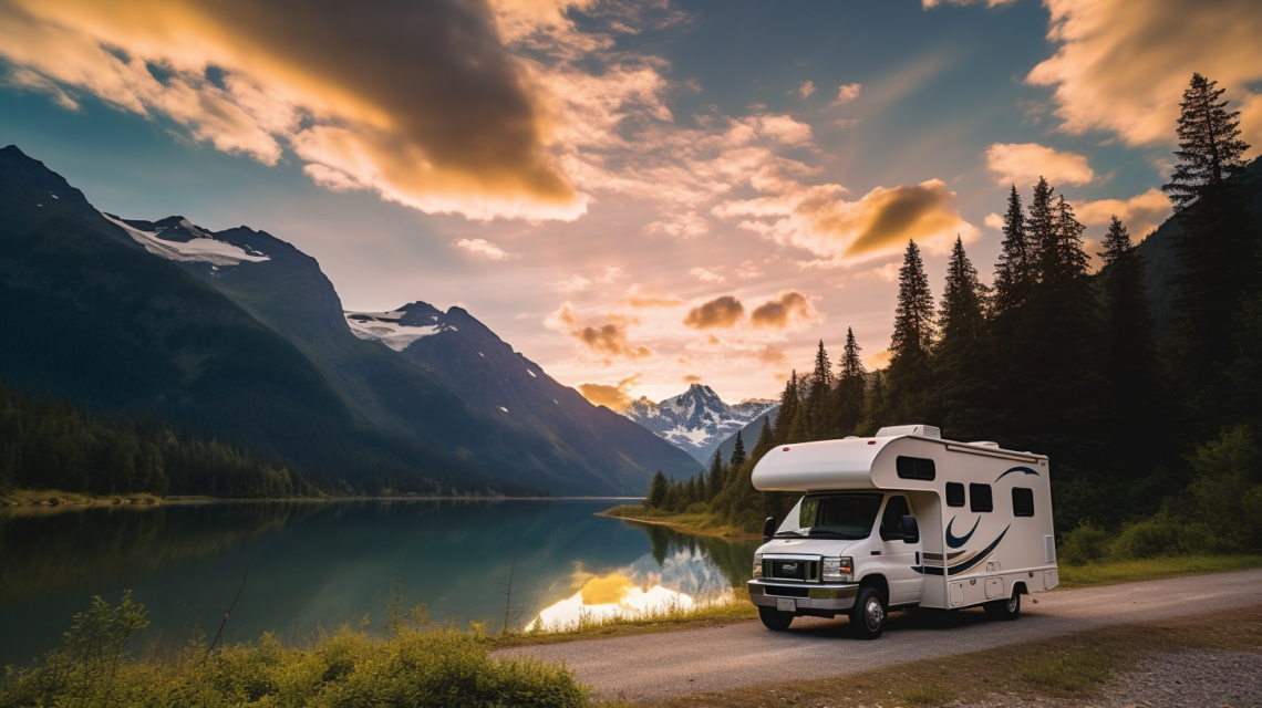 RV on a camping trip next to a lake
